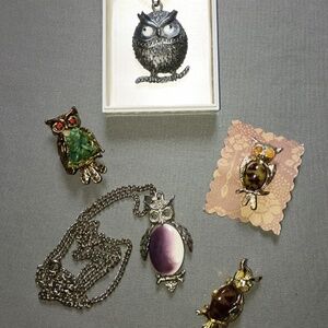 Vtg Lot of 5 OWL Brooch Pins Necklaces Green Purple Brown Googly Eyes